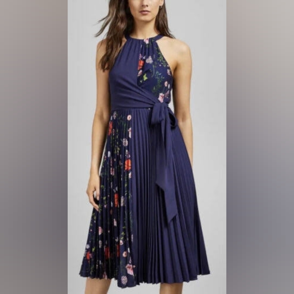 Ted Baker Navy Floral Halter Pleated Midi Wrap Dress